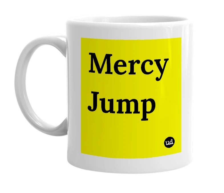 White mug with 'Mercy Jump' in bold black letters