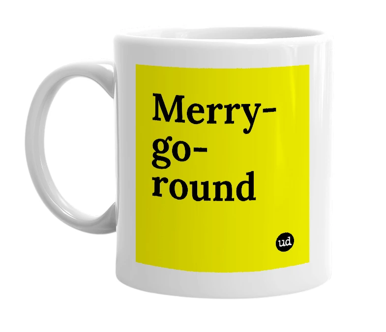 White mug with 'Merry-go-round' in bold black letters