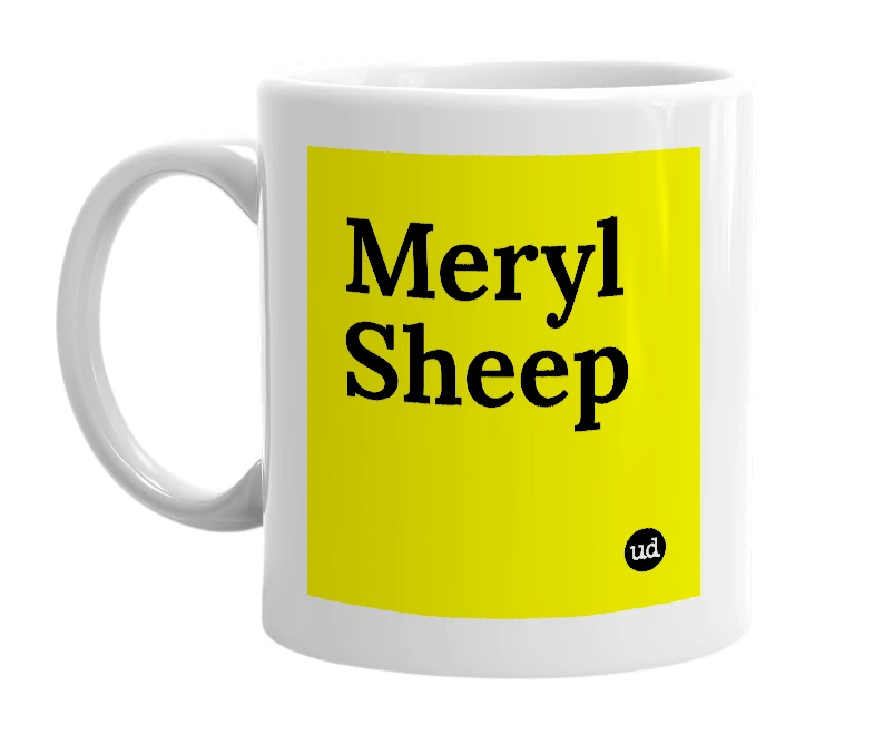 White mug with 'Meryl Sheep' in bold black letters