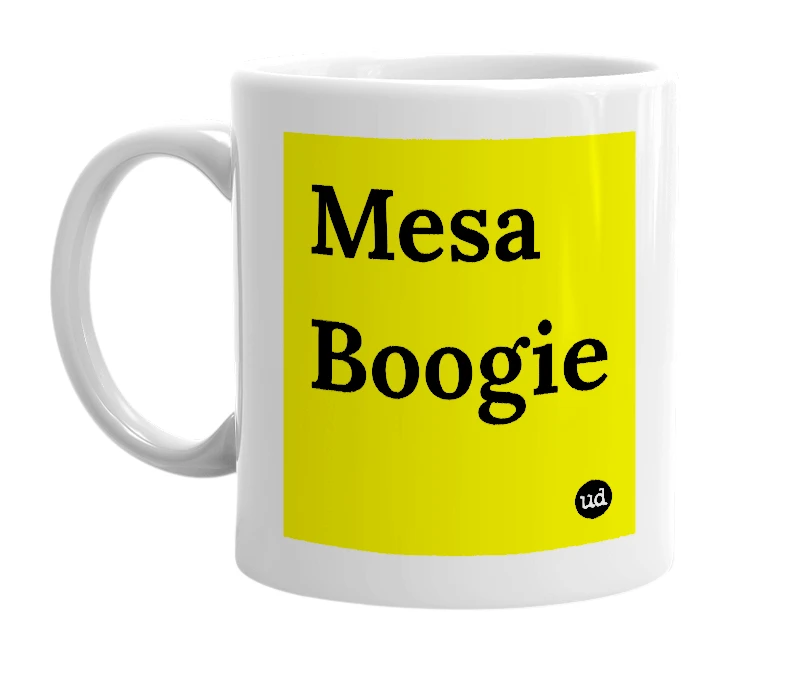 White mug with 'Mesa Boogie' in bold black letters