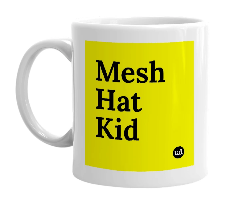 White mug with 'Mesh Hat Kid' in bold black letters