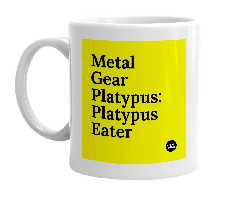 White mug with 'Metal Gear Platypus: Platypus Eater' in bold black letters