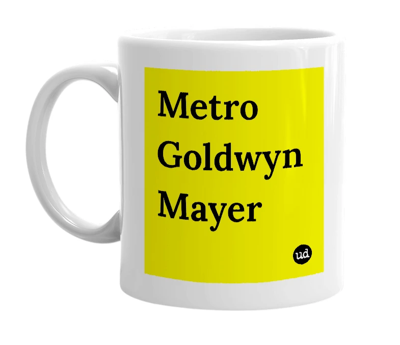 White mug with 'Metro Goldwyn Mayer' in bold black letters