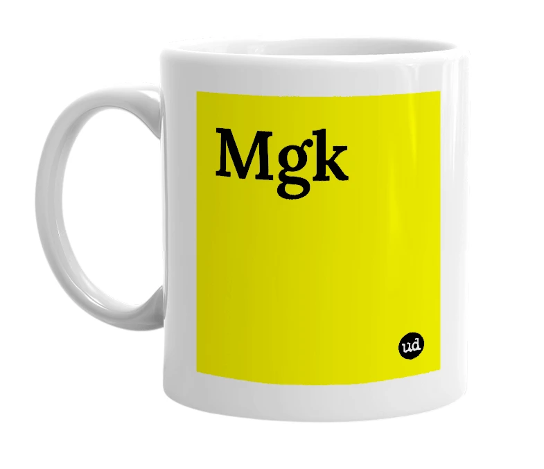 White mug with 'Mgk' in bold black letters