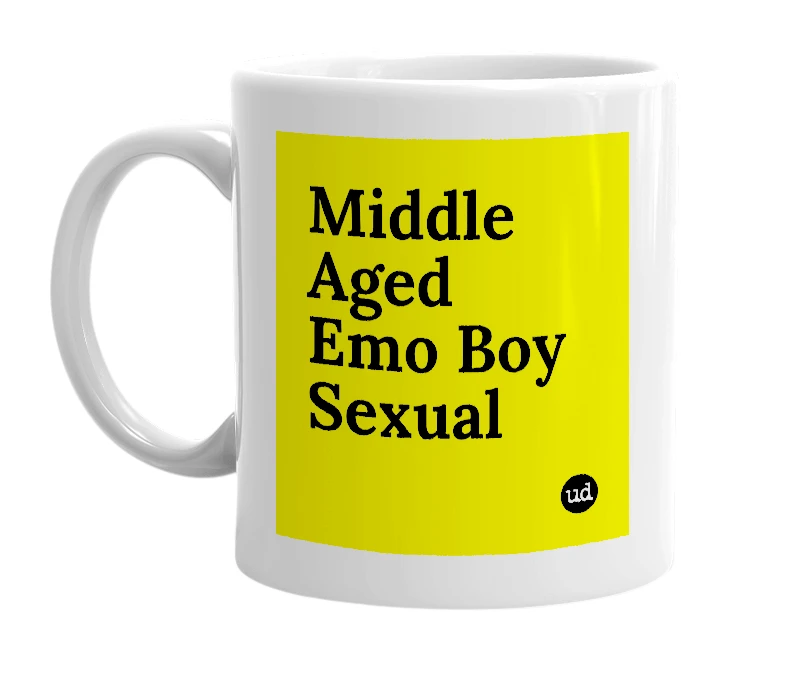 White mug with 'Middle Aged Emo Boy Sexual' in bold black letters