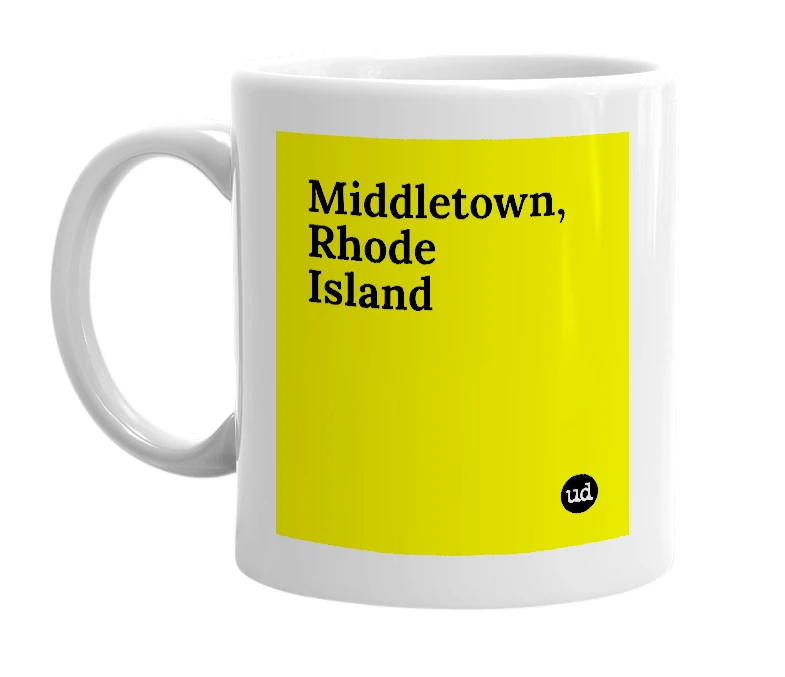 White mug with 'Middletown, Rhode Island' in bold black letters