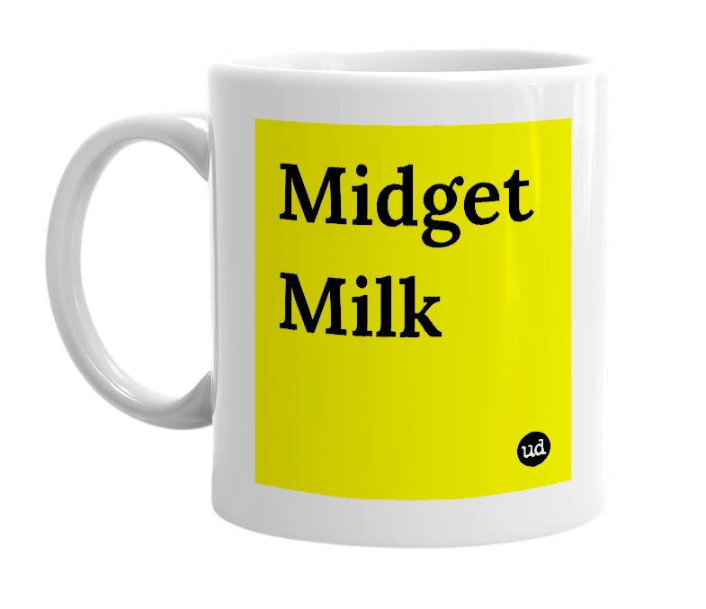 White mug with 'Midget Milk' in bold black letters