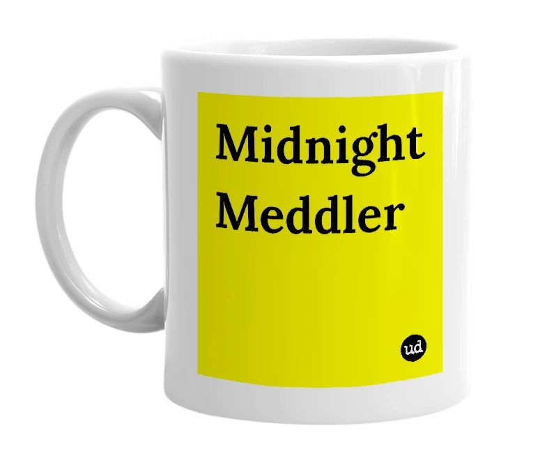 White mug with 'Midnight Meddler' in bold black letters