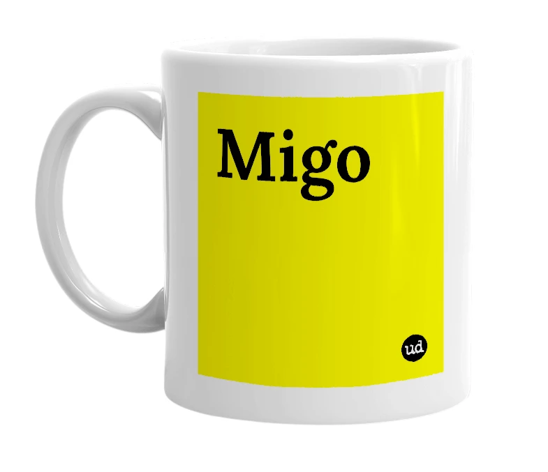 White mug with 'Migo' in bold black letters