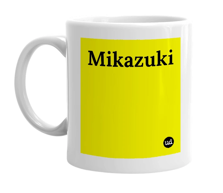 White mug with 'Mikazuki' in bold black letters