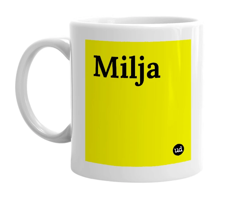 White mug with 'Milja' in bold black letters