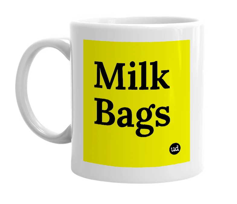 White mug with 'Milk Bags' in bold black letters