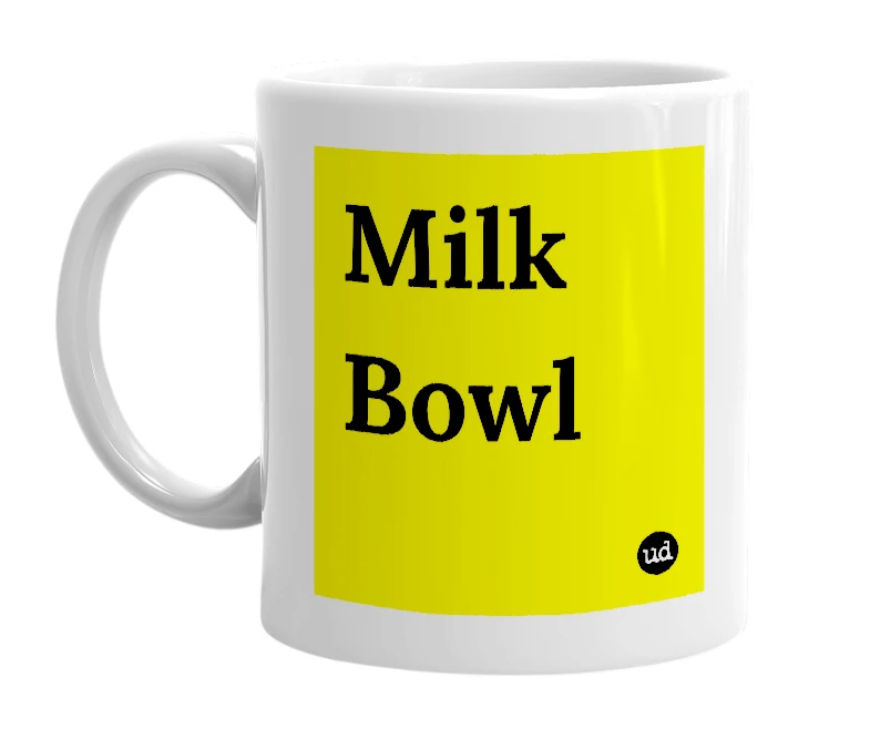White mug with 'Milk Bowl' in bold black letters