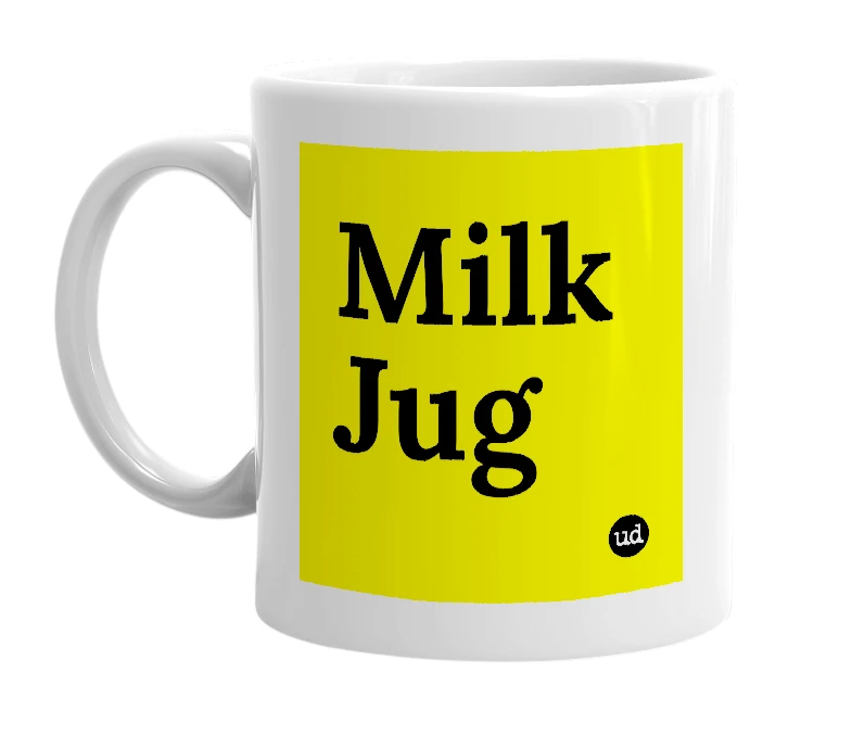 White mug with 'Milk Jug' in bold black letters