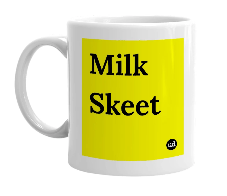 White mug with 'Milk Skeet' in bold black letters