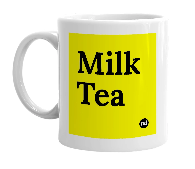 White mug with 'Milk Tea' in bold black letters