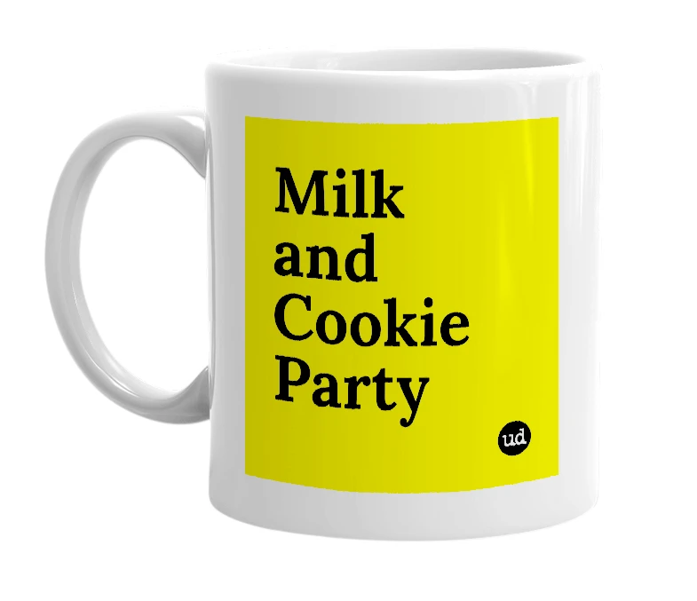 White mug with 'Milk and Cookie Party' in bold black letters