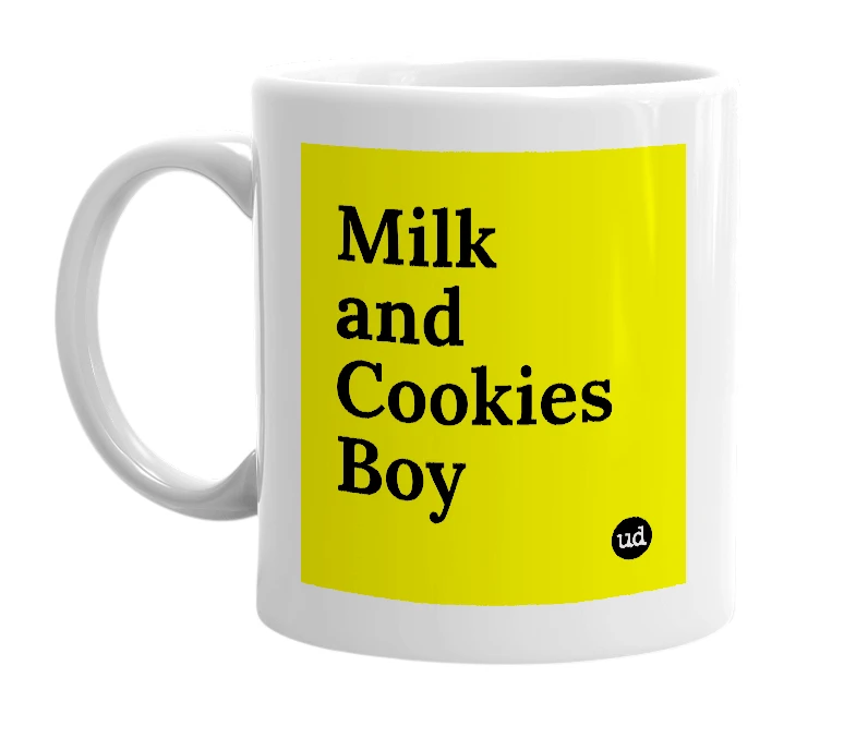 White mug with 'Milk and Cookies Boy' in bold black letters