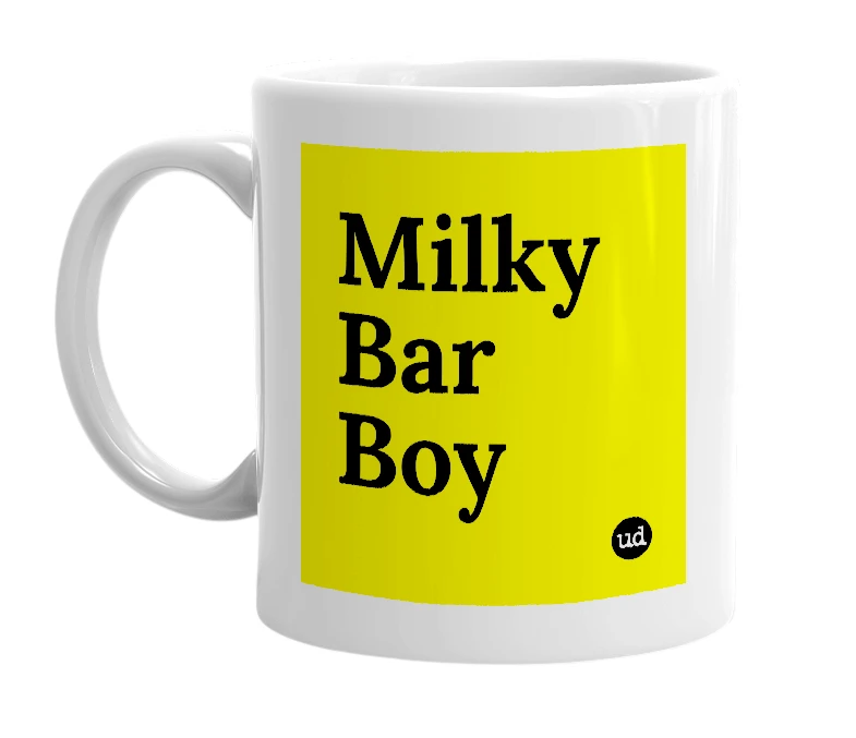 White mug with 'Milky Bar Boy' in bold black letters