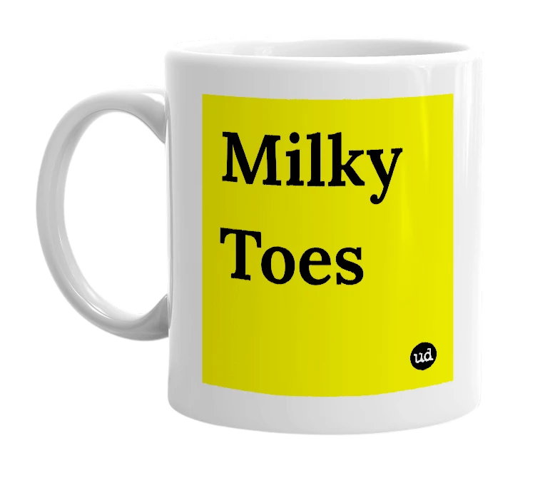 White mug with 'Milky Toes' in bold black letters