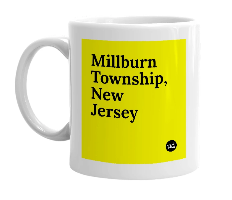 White mug with 'Millburn Township, New Jersey' in bold black letters