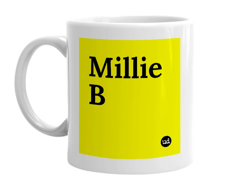 White mug with 'Millie B' in bold black letters