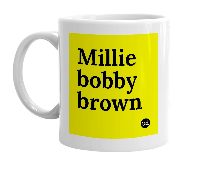 White mug with 'Millie bobby brown' in bold black letters