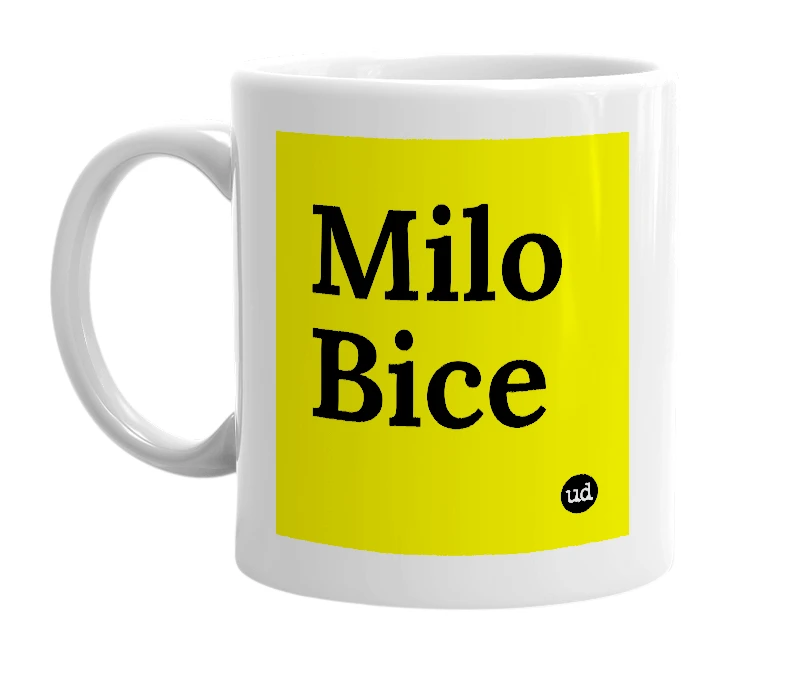 White mug with 'Milo Bice' in bold black letters