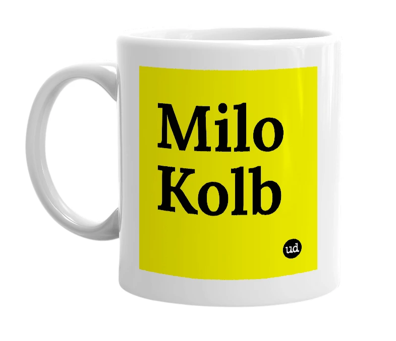White mug with 'Milo Kolb' in bold black letters