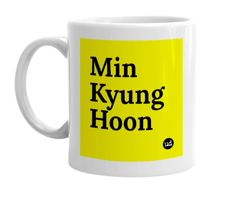 White mug with 'Min Kyung Hoon' in bold black letters