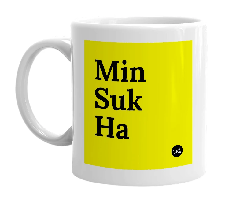 White mug with 'Min Suk Ha' in bold black letters