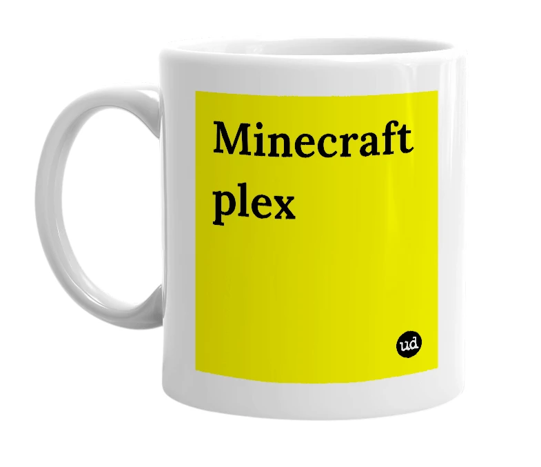White mug with 'Minecraft plex' in bold black letters
