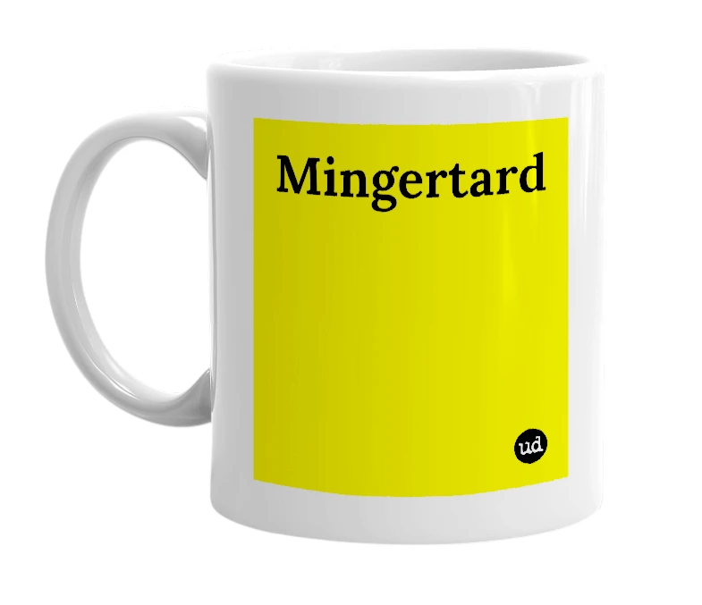 White mug with 'Mingertard' in bold black letters