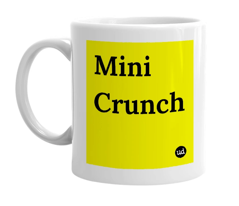 White mug with 'Mini Crunch' in bold black letters