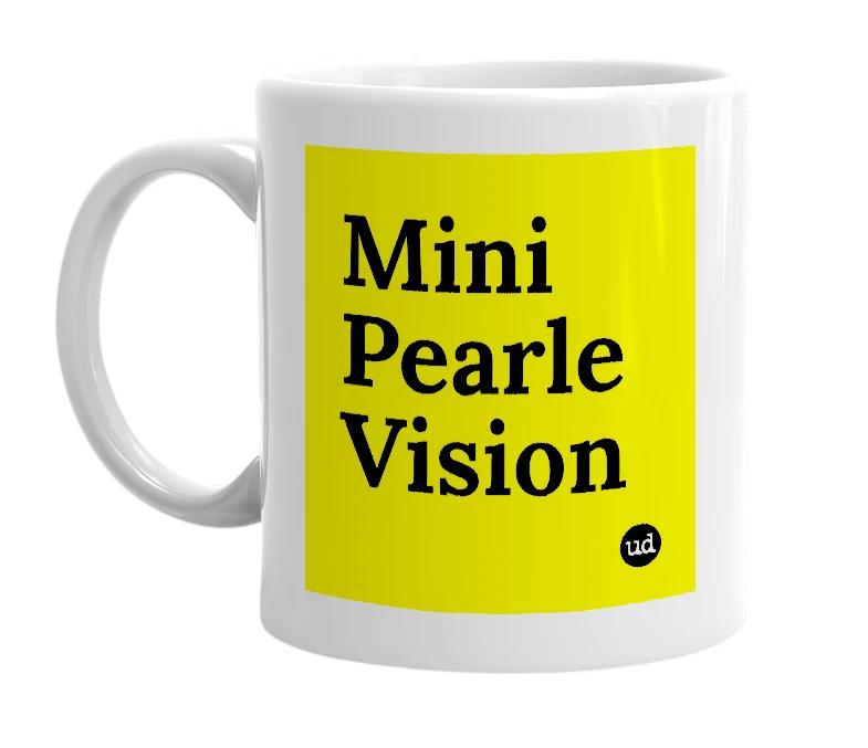 White mug with 'Mini Pearle Vision' in bold black letters