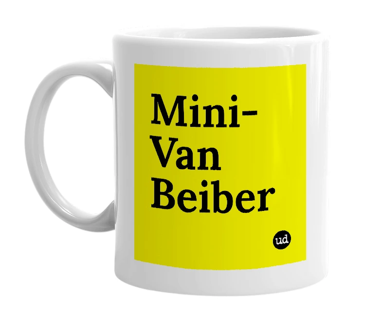 White mug with 'Mini-Van Beiber' in bold black letters