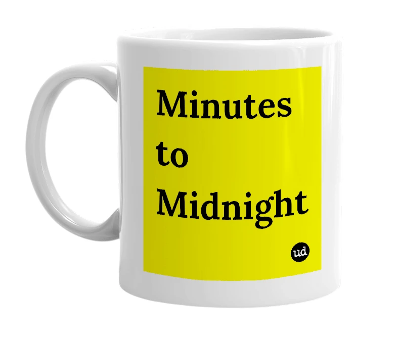 White mug with 'Minutes to Midnight' in bold black letters