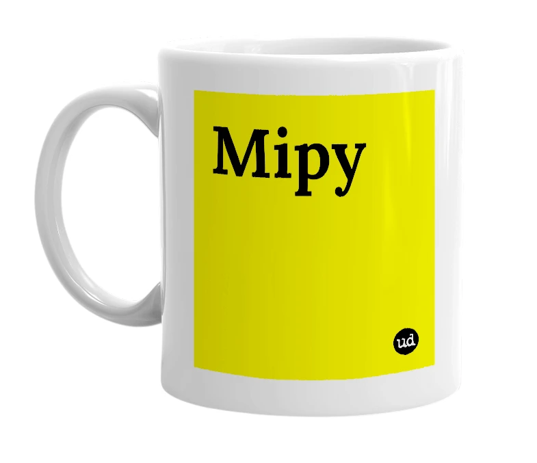 White mug with 'Mipy' in bold black letters