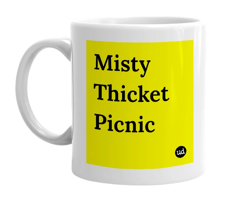 White mug with 'Misty Thicket Picnic' in bold black letters