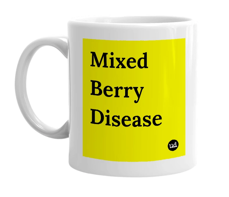 White mug with 'Mixed Berry Disease' in bold black letters