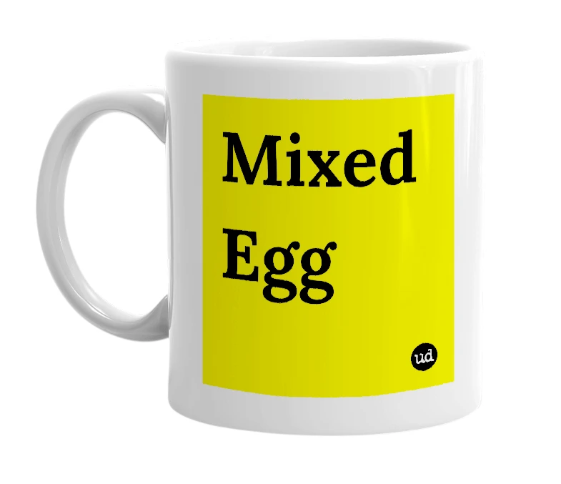 White mug with 'Mixed Egg' in bold black letters