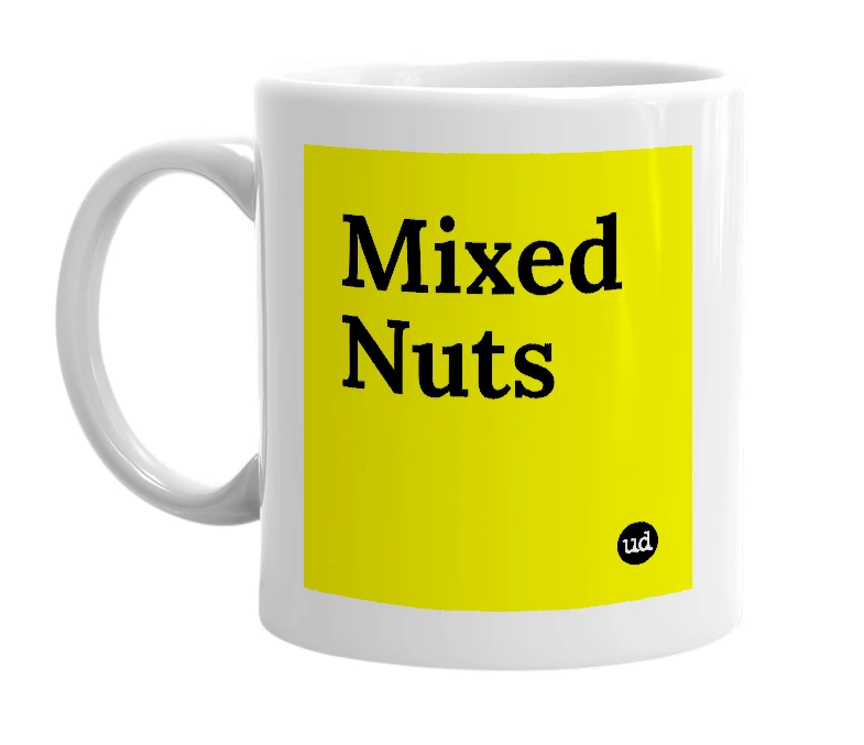 White mug with 'Mixed Nuts' in bold black letters