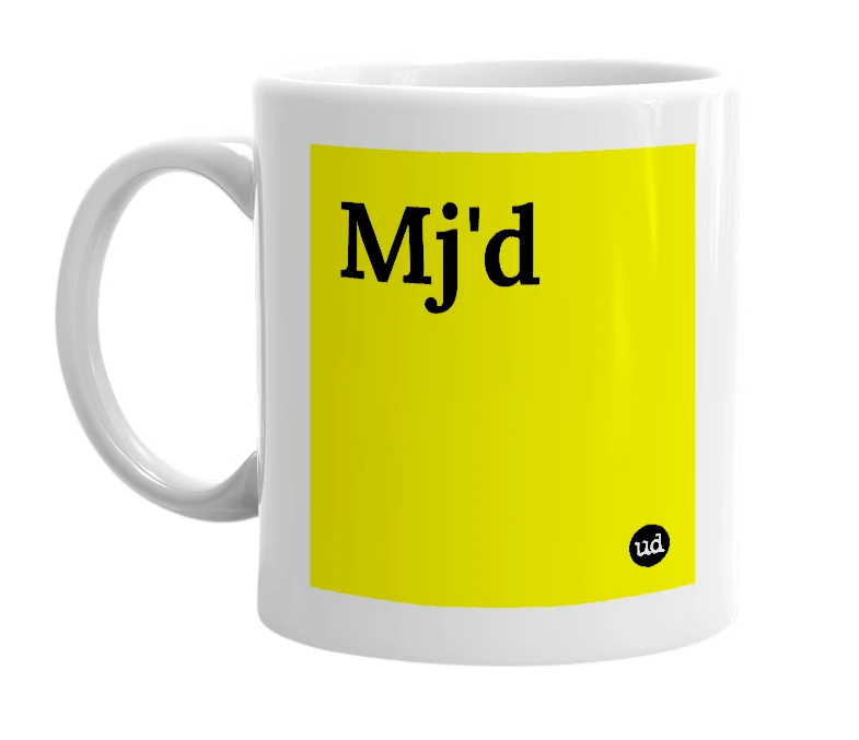 White mug with 'Mj'd' in bold black letters