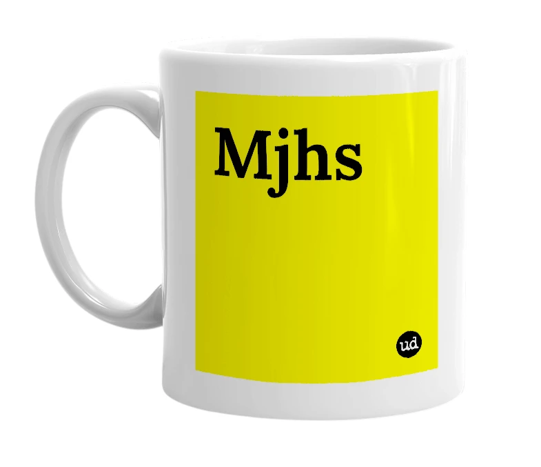 White mug with 'Mjhs' in bold black letters