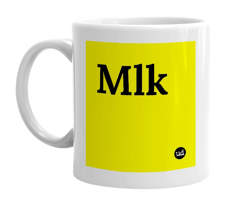 White mug with 'Mlk' in bold black letters