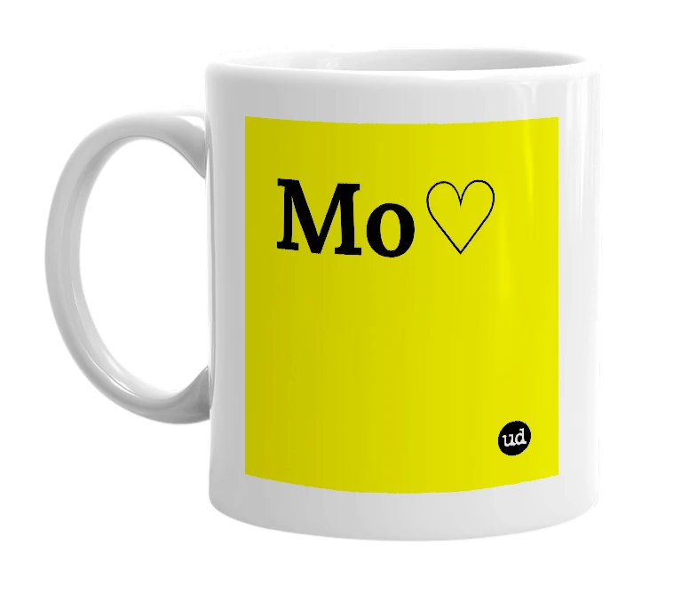 White mug with 'Mo♡︎' in bold black letters