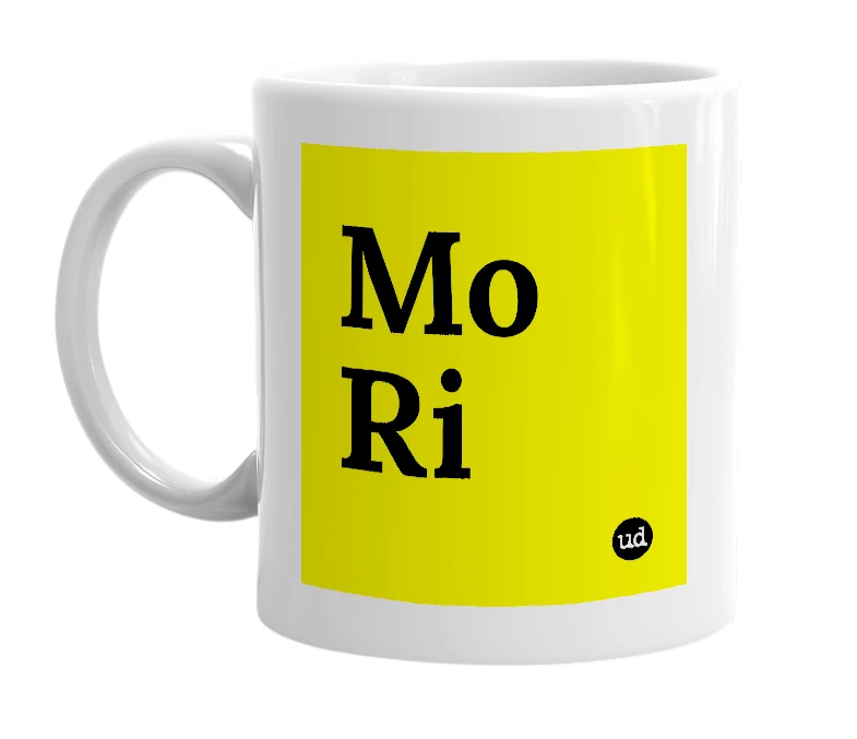 White mug with 'Mo Ri' in bold black letters