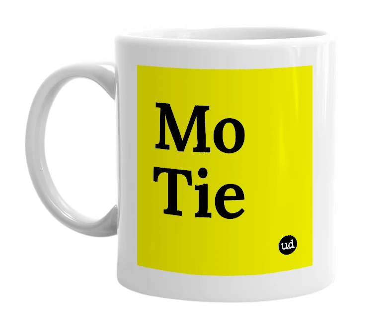 White mug with 'Mo Tie' in bold black letters