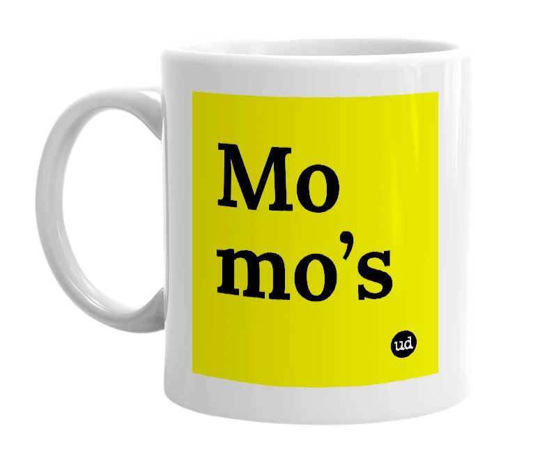 White mug with 'Mo mo’s' in bold black letters