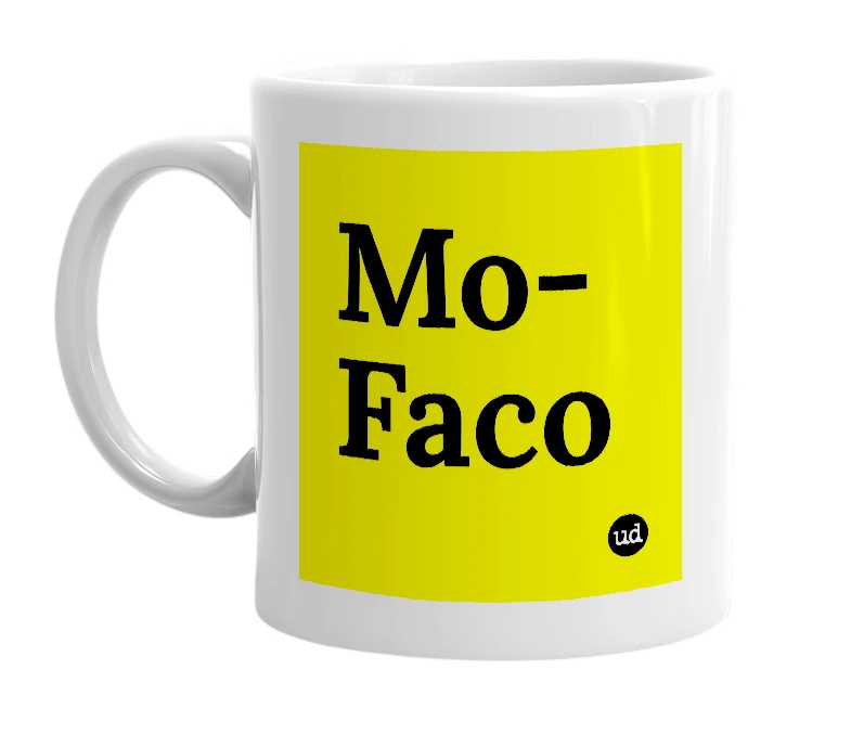 White mug with 'Mo-Faco' in bold black letters